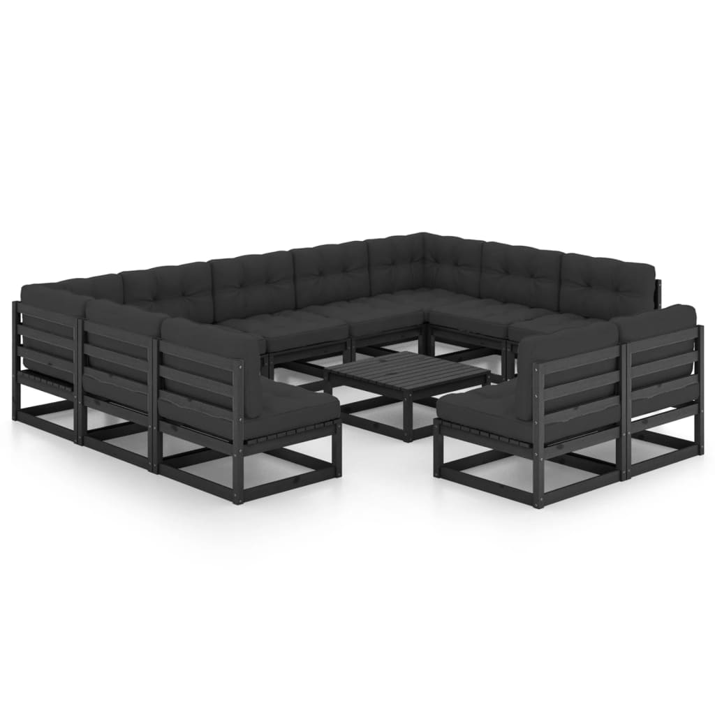 12-tlg. Garten-Lounge-Set mit Kissen Schwarz Kiefer Massivholz